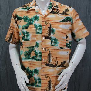Vintage Hawaiian Shirt - Island and Tribal Pattern by Van Cort - Men's Medium